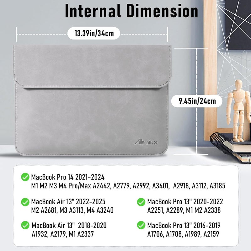 Allinside 13 Inch Laptop Sleeve Case for MacBook Air 13 2018-2025/MacBook Pro 13 2016-2022/Macbook Pro 14 2021-2024, Waterproof Matte PU Leather Horizontal Envelope Protective Case Cover, Gray - Image 2